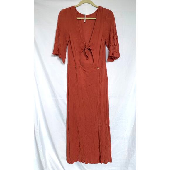 FREE PEOPLE Making You Jealous Tie Front Midi Gauze Dress Terracotta. Medium - Picture 2 of 6